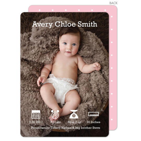Pink and White Icon Photo Birth Announcements